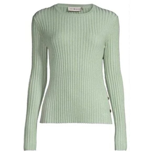 Tory Burch Lurex Stripe Metallic Ribbed Knit Side-Button Sweater Clear Mint M - Picture 1 of 14